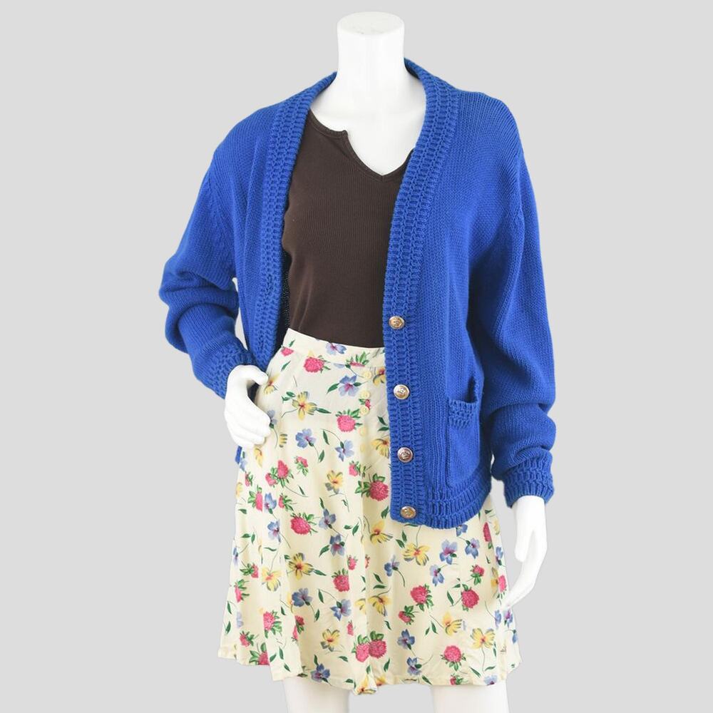 Vintage 80s Blue Crochet Knit Cardigan Women's Medium